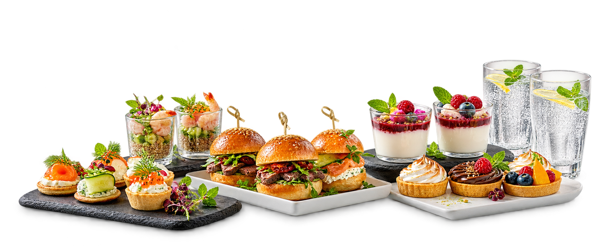 Composición ilustrativa de aperitivos y postres de catering